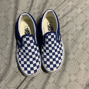 Boys checkered royal blue & white slip on vans.